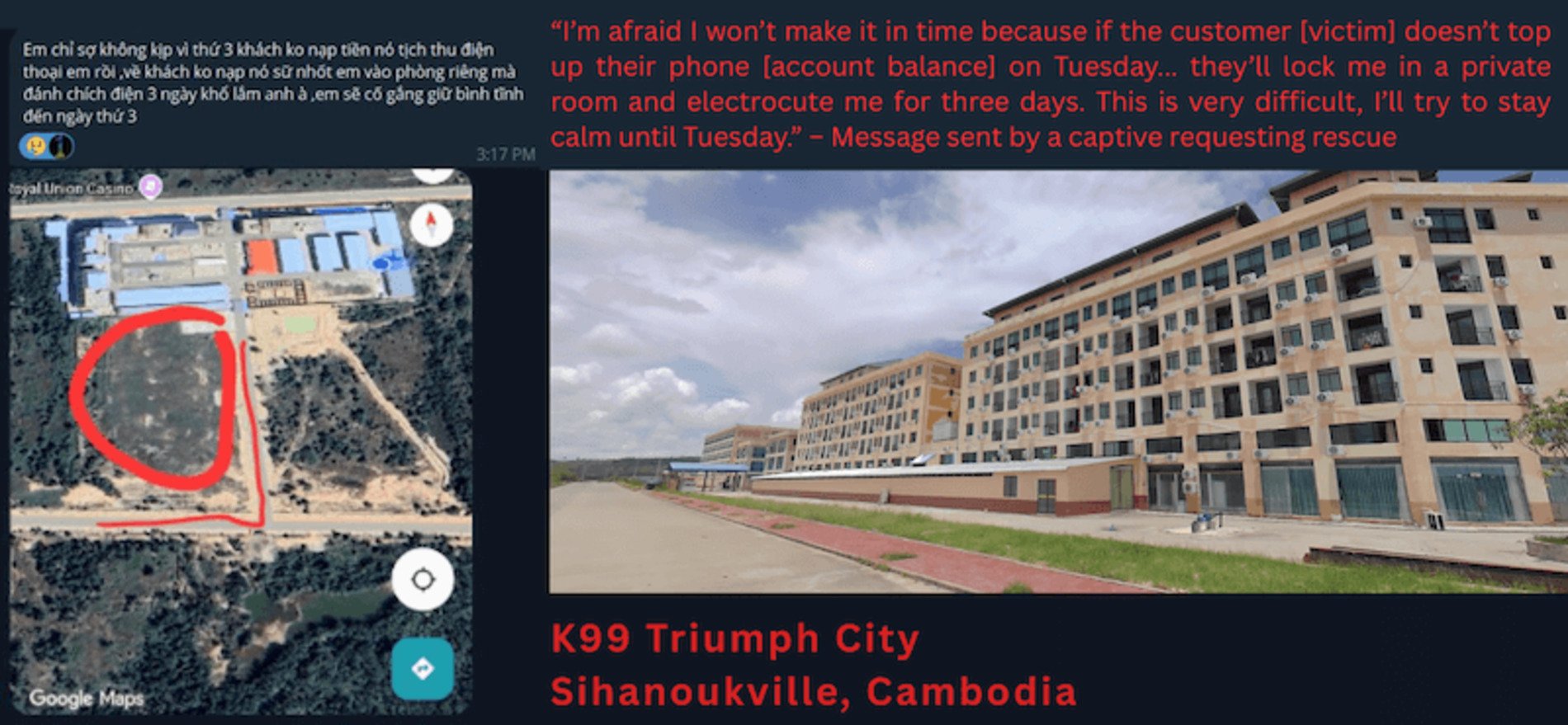 Message d'un travailleur captif à Chong Lua Dao demandant un sauvetage depuis un lieu identifié comme K99 Triumph City à Sihanoukville, Cambodge. © Infoblox