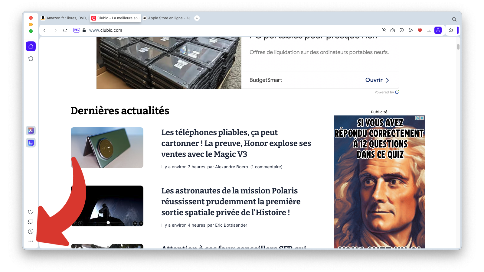 Accéder aux options de la barre latérale d'Opera © Clubic