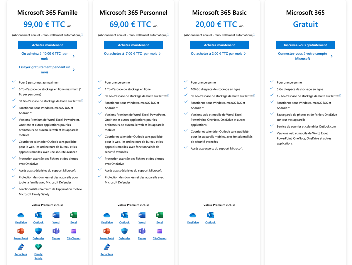 OneDrive - Les tarifs gratuits et payants