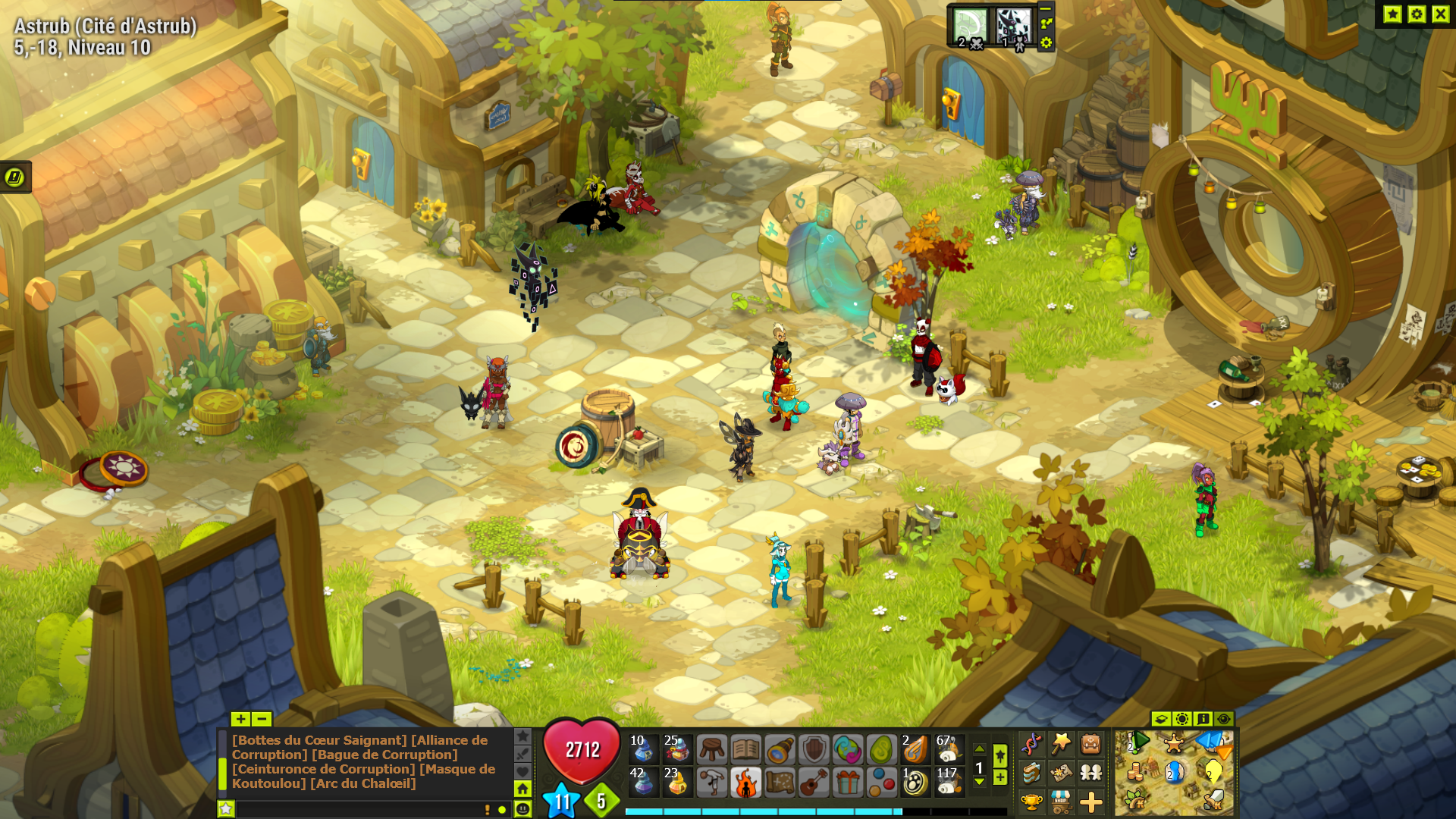 A village map with player characters, a market interface and the game HUD