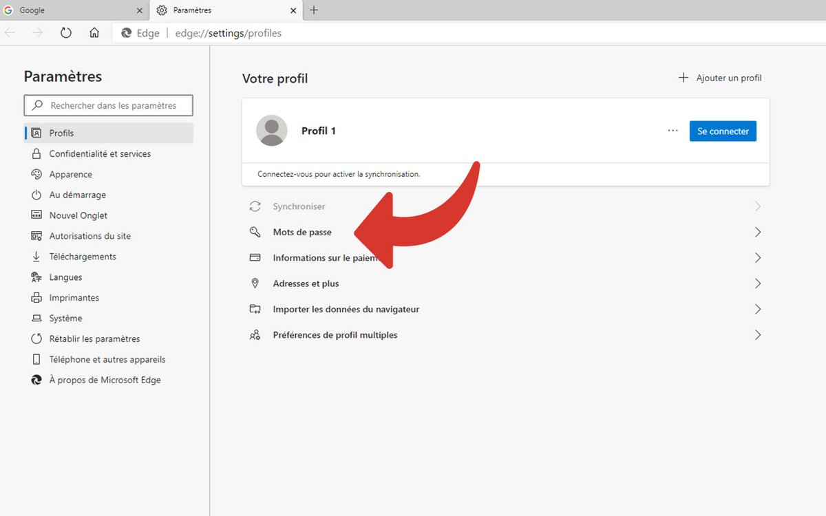 Supprimer mots de passe Edge