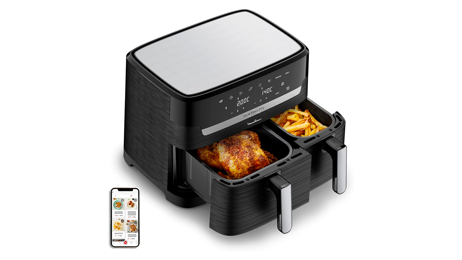 La friteuse à air Moulinex Dual Easy Fry et ses deux cuves de cuisson séparées