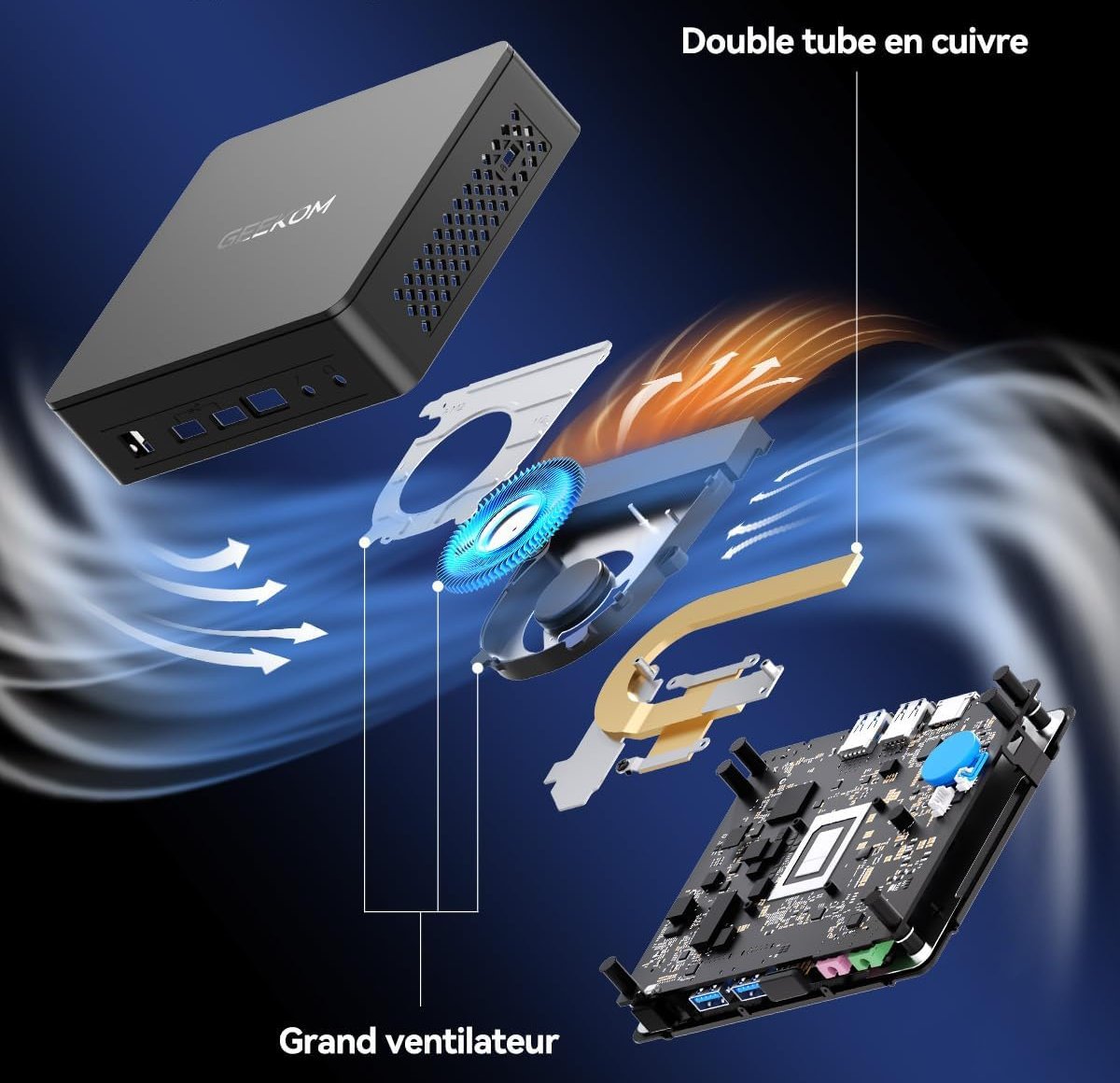 Vue éclatée de l'Air12 Lite avec son minimaliste système de refroidissement. ©Geekom