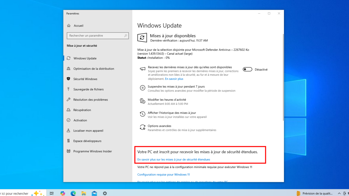 Vérifiez dans Windows Update que votre inscription au programme ESU a bien été prise en compte. © Clubic