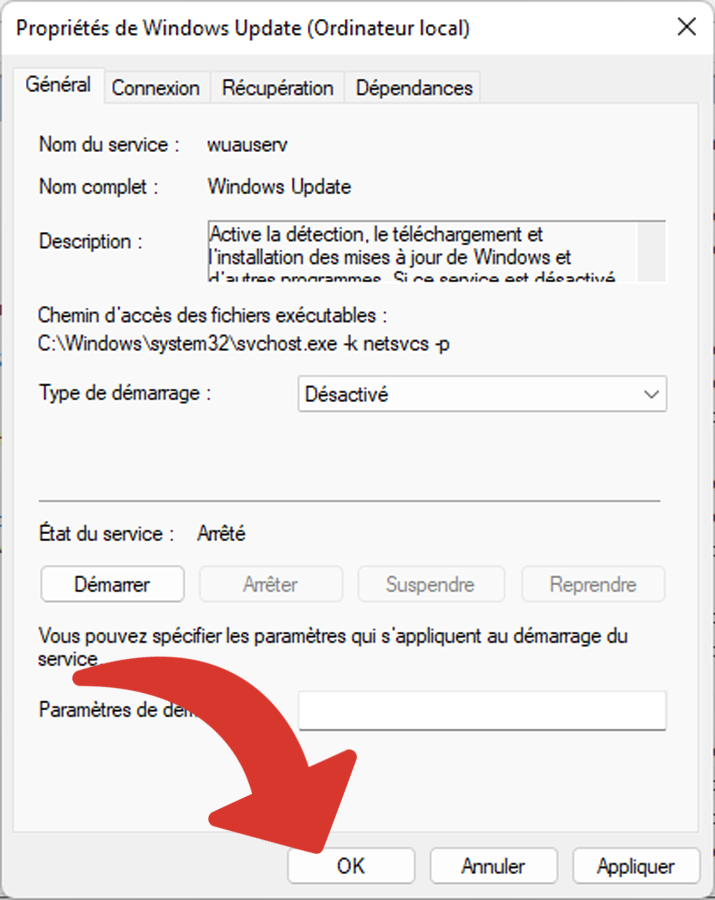 Fermer avec OK la fenêtre des Propriétés de Windows Update après avoir stoppé le service © Clubic