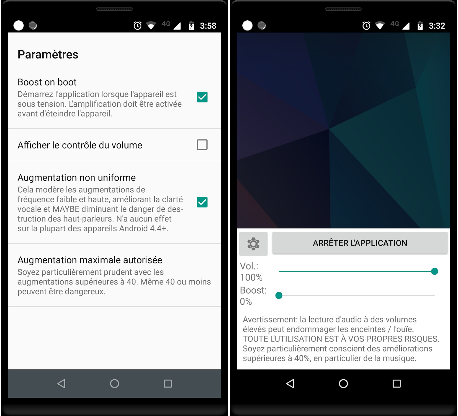 Les paramètres affichent les résultats du réglage de l’amplificateur avec contrôle du volume et options de sécurité. - © Volume Booster