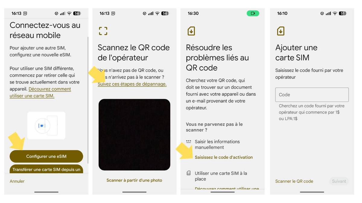 Saisie le code de votre opérateur eSIM manuellement. ©Google