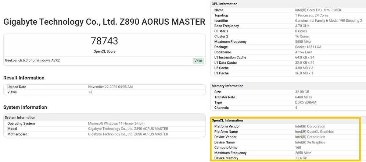 Intel ARC Battlemage B580 Geekbench