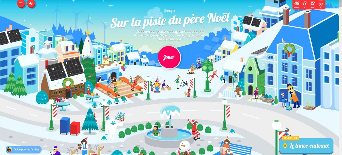 À gauche, le lance-cadeaux, l'un des nombreux jeux proposés sur la page spéciale Noël de Google, que vous retrouvez à droite © Capture d'écran Clubic / Google