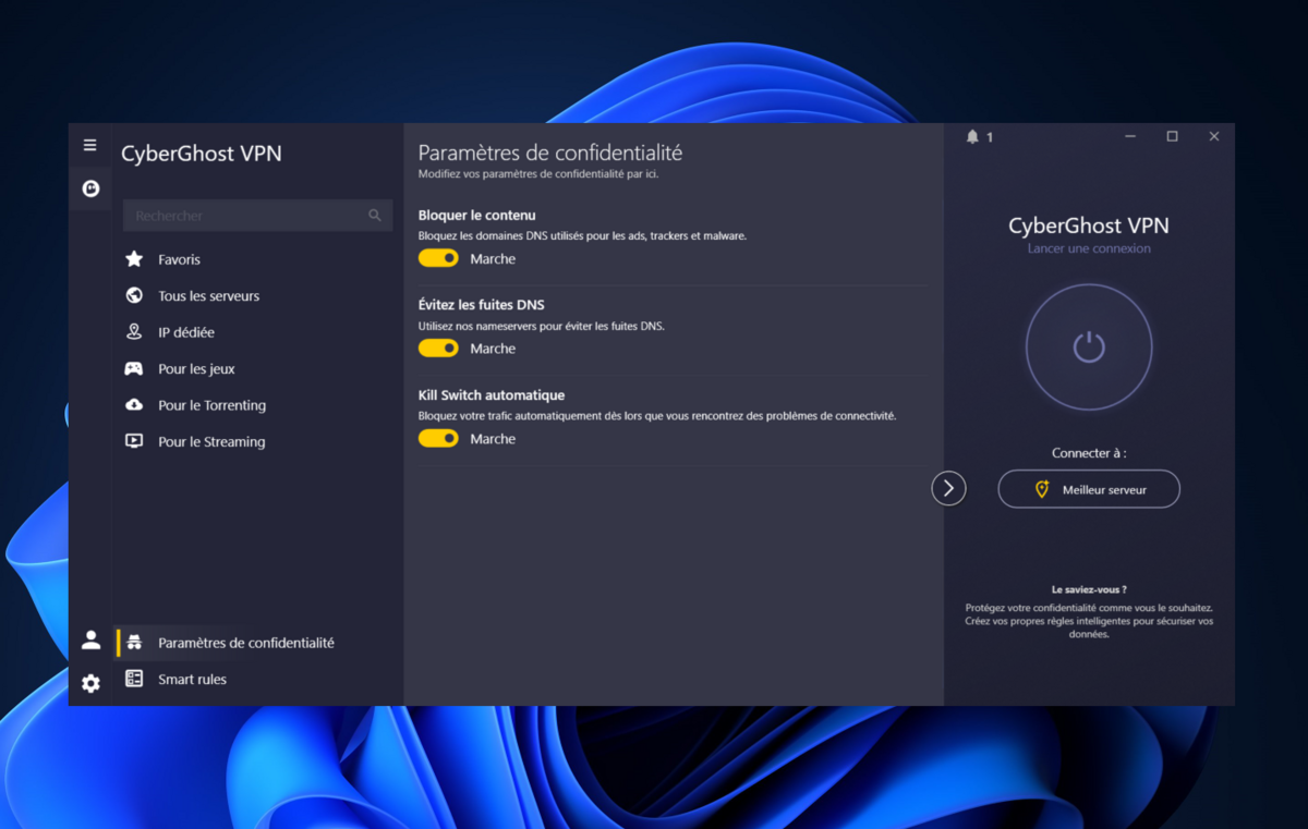 CyberGhost - les options de sécurité avancée