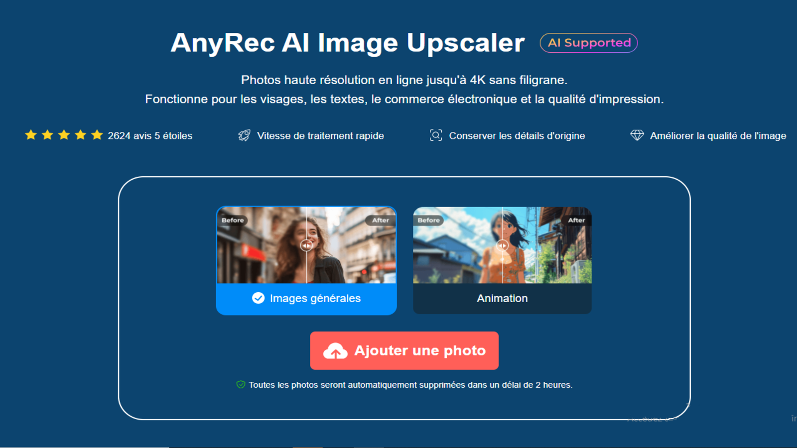 AnyRec AI Image Upscaler est un outil en ligne qui améliore la netteté et la résolution des images en quelques clics. Il convient aussi bien aux photos classiques qu’aux visuels illustrés, tout en cherchant à préserver les détails d’origine. © AnyRec Studio