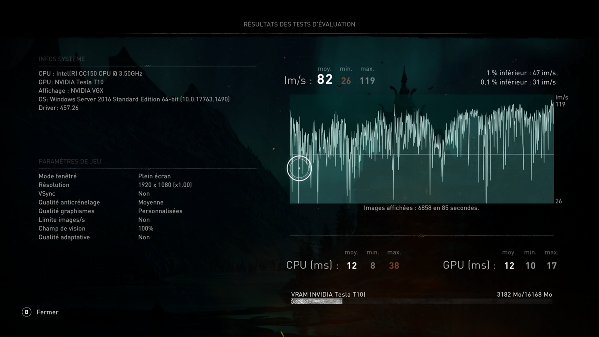 Assassin's Creed Valhalla n'est pas un modèle d'optimisation, même les serveurs de Nvidia doivent composer avec des chutes de framerate. Mais on atteint une moyenne de 60 fps avec les graphismes les plus élevés. 