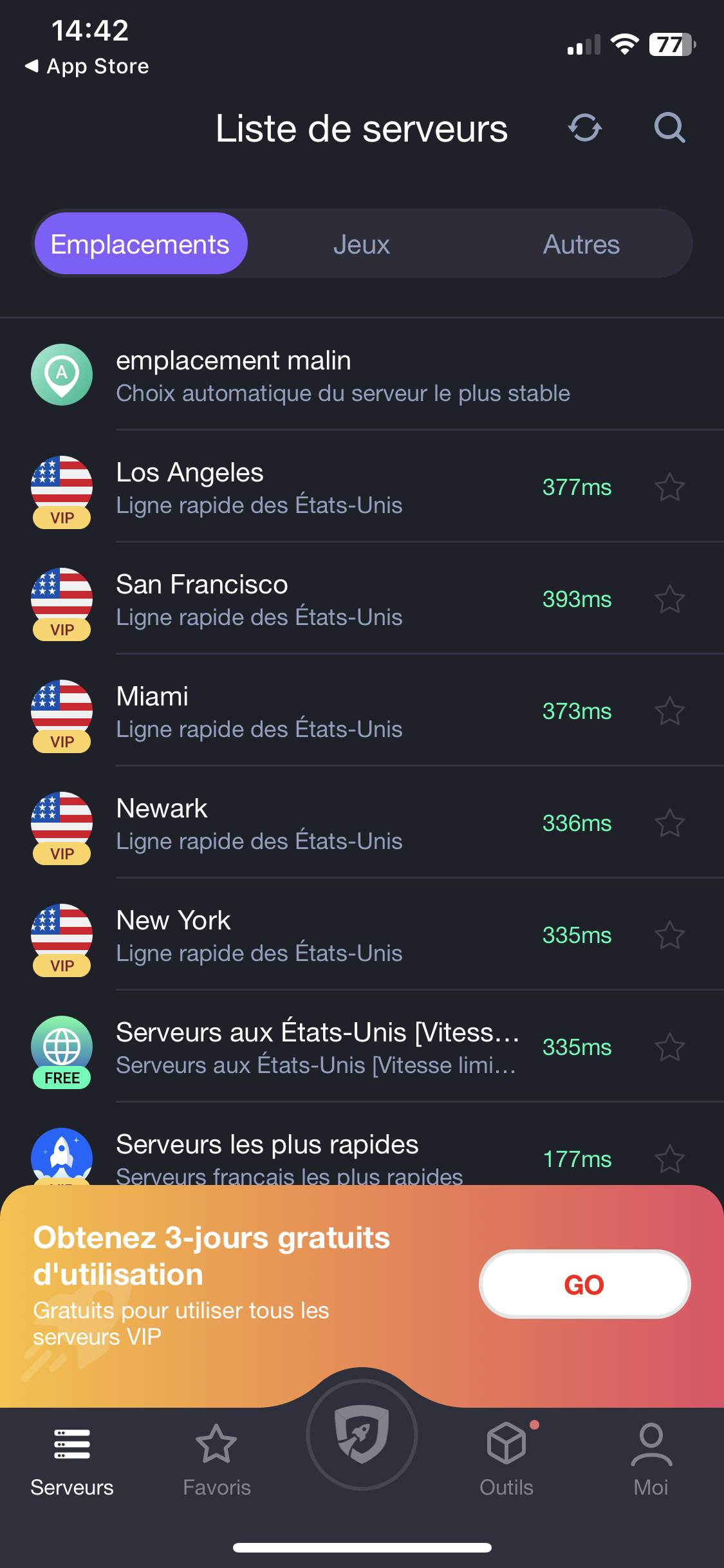 iTop VPN - choix d'un serveur selon l'emplacement