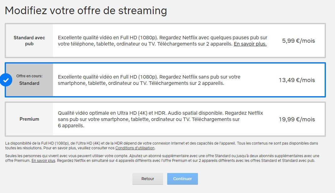 Les désormais trois offres de Netflix © Clubic