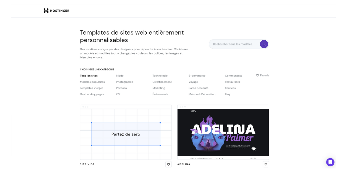 Créateur de sites web Hostinger - Choix des templates
