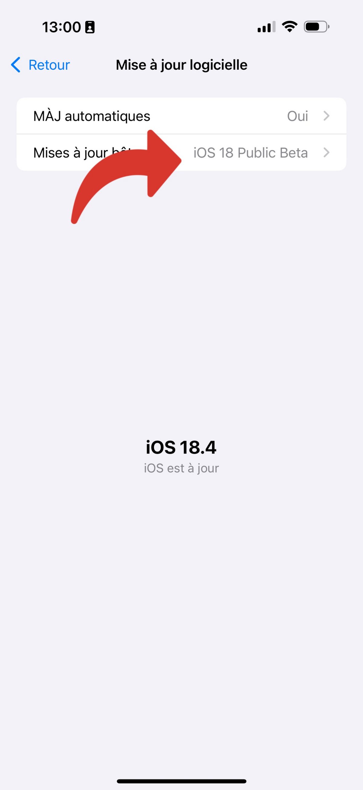 Installer iOS 18.4 beta réglages