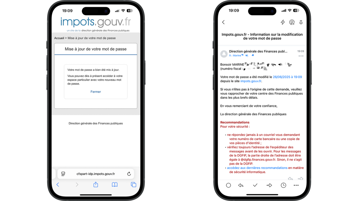 Messages pour confirmer la modification du mot de passe du compte impôts.gouv © Clubic