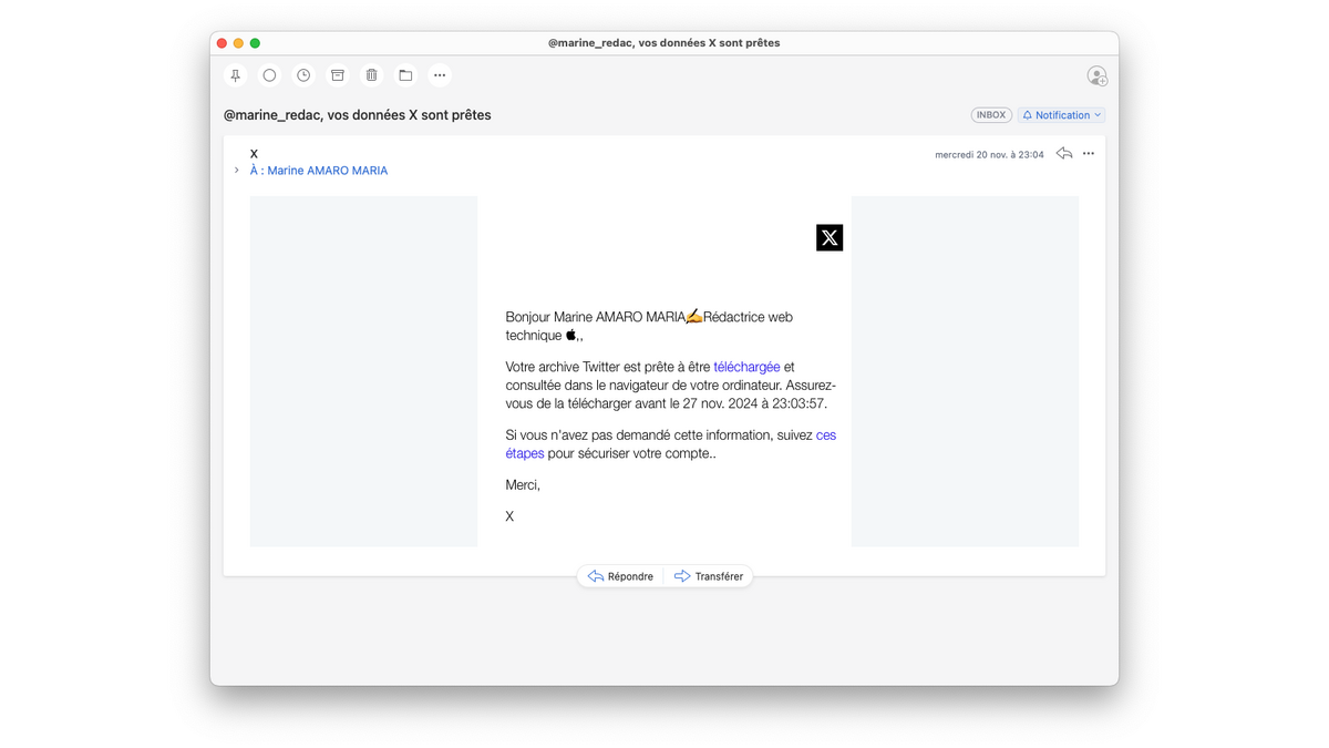 E-mail reçu indiquant que l'archive du compte Twitter / X est prête à être téléchargée © Clubic