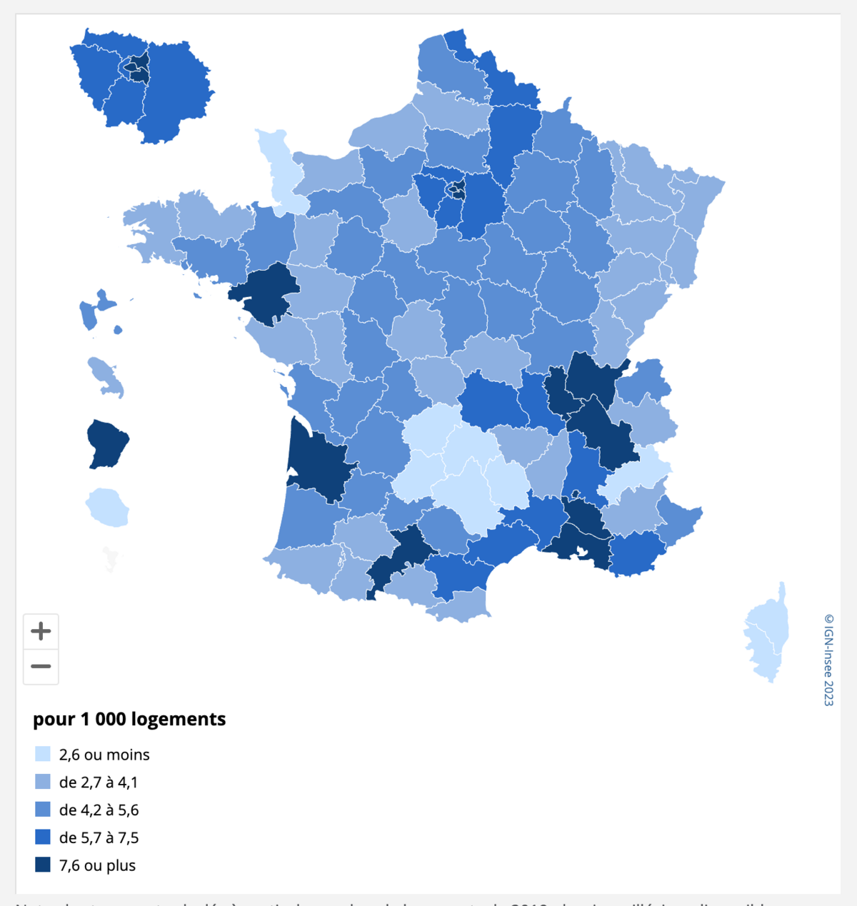 Cambriolages et tentatives de cambriolage enregistrés pour 1 000 logements en 2022, par département de commission © INSEE