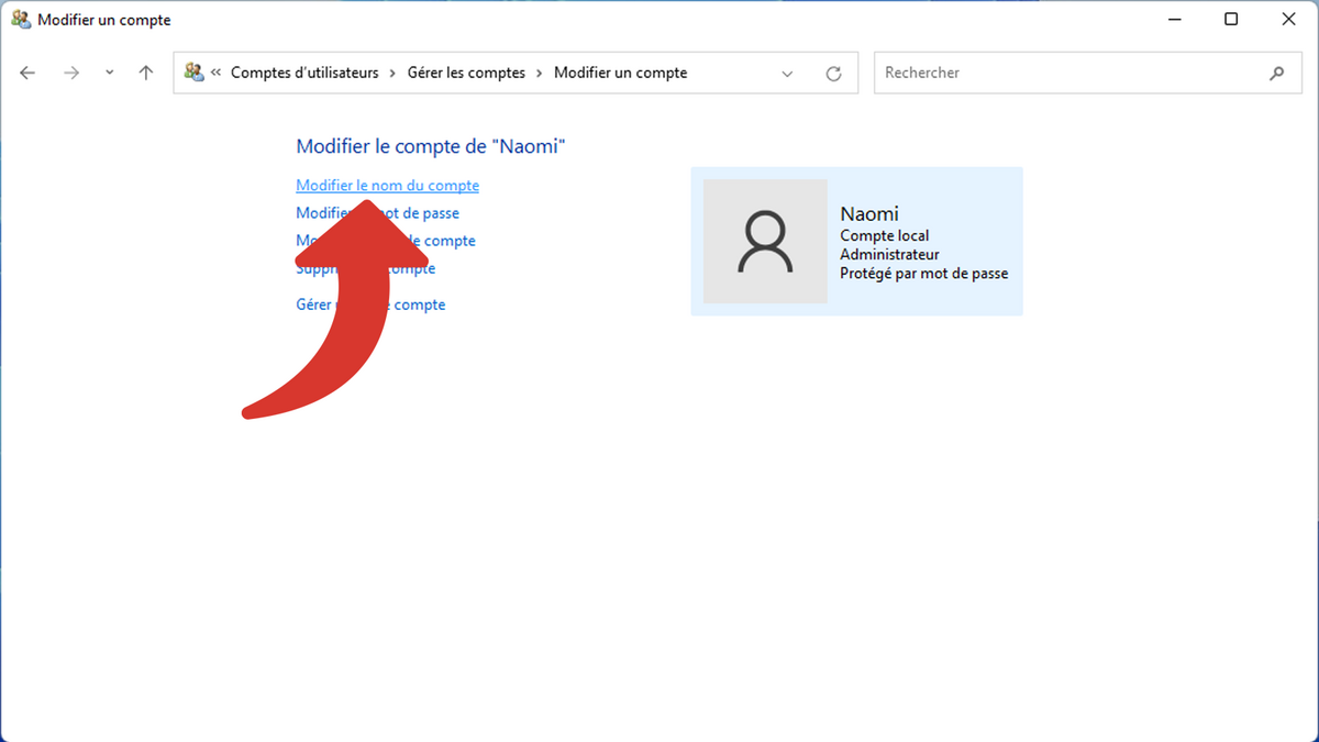 Modifier le compte pour modifier le nom du compte administrateur Windows