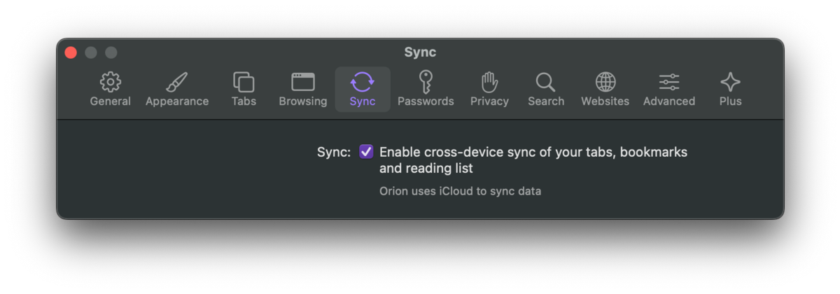 Orion Browser - Activation de la synchronisation