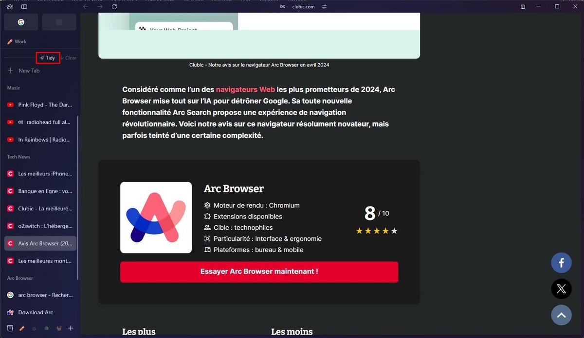 Arc Browser - cliquez sur "Tidy" pour laisser Max organiser intelligemment vos onglets © Chloé Claessens pour Clubic 