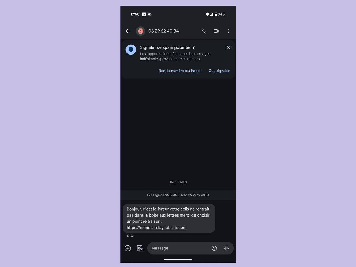 Voici l'un des fameux SMS de phishing Mondial Relay © Alexandre Boero / Clubic