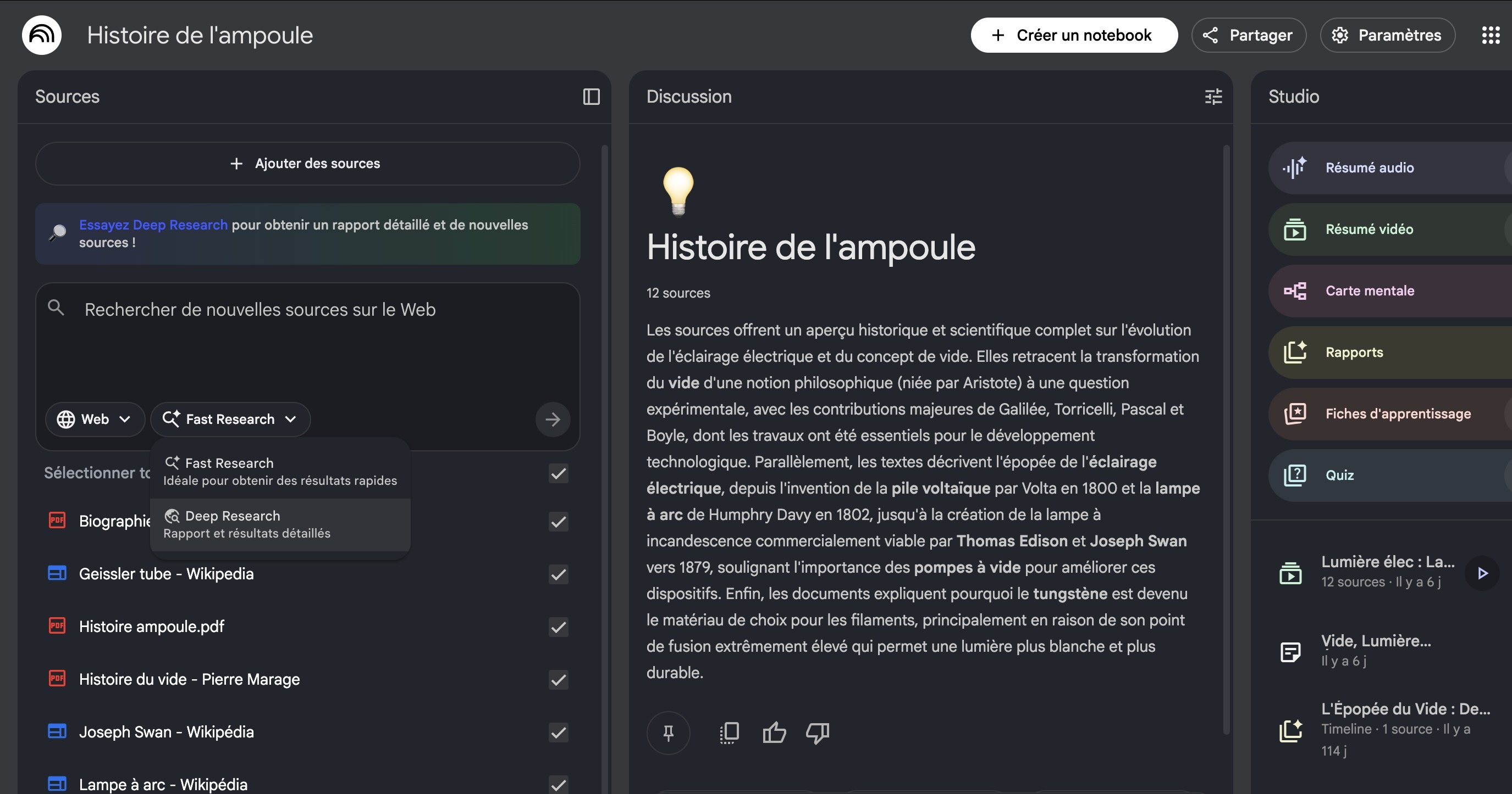 Deep Research intégré dans l'ajout de sources de NotebookLM. ©Google