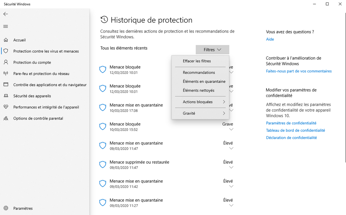 Microsoft Defender - Historique de la protection