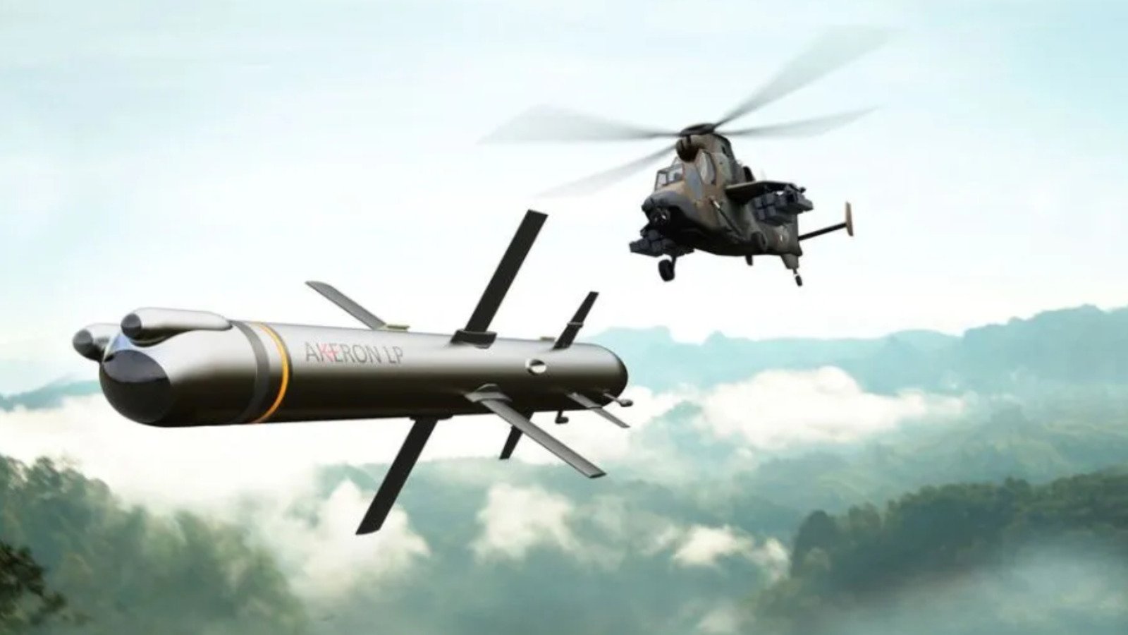 Vue d’artiste du missile Akeron LP de MBDA tiré depuis un hélicoptère Tigre. © MBDA