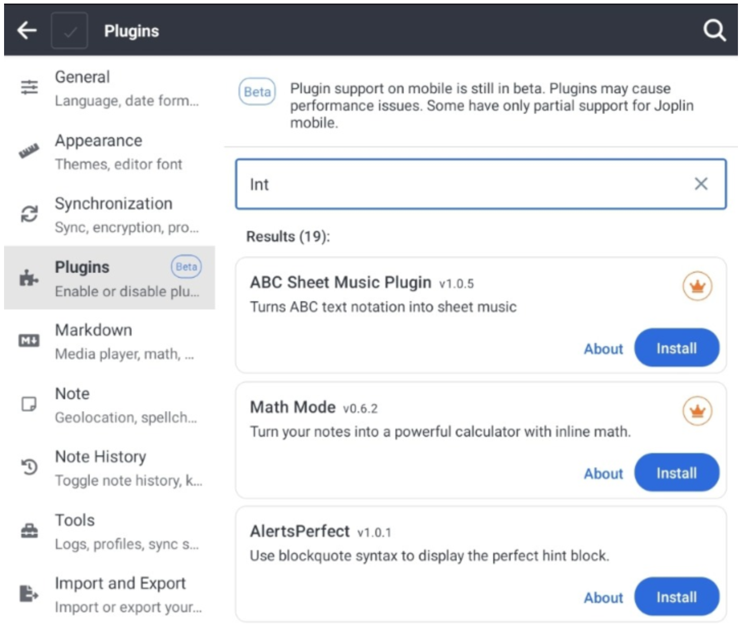 Les plugins de Joplin © Joplin