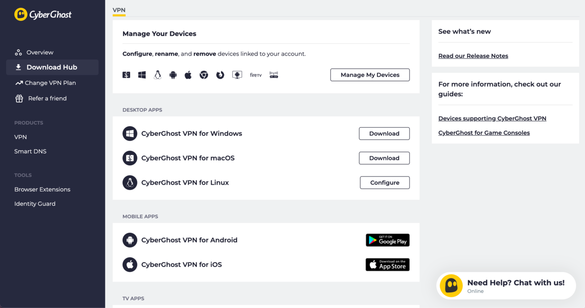 CyberGhost - L'interface de téléchargement des applications clients. © Clubic