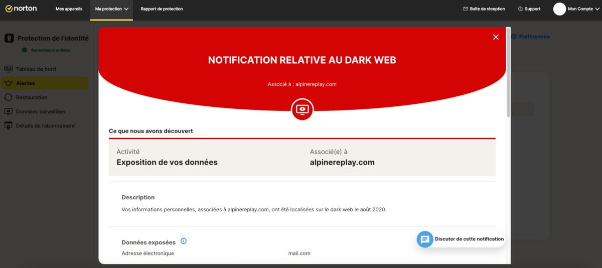 Norton Dark Web Monitoring traque vos informations personnelles sur le dark web et vous prévient en cas de correspondance © Clubic