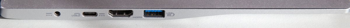 Coté gauche : Prise d'alimentation, USB-C 3.2 (avec charge rapide et DisplayPort), HDMI, USB-A 3.1