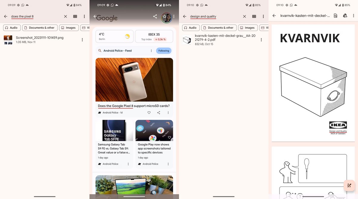 Quelques exemples des nouvelles capacités de recherche de Files by Google © Capture d'écran Android Police