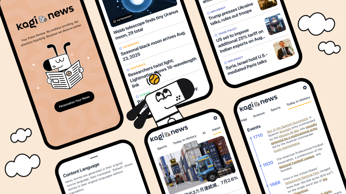 Kagi News propose un flux d’actualités personnalisé, sans publicité ni contenu sponsorisé, offrant une lecture claire et centrée sur vos sources et thématiques préférées - © Kagi