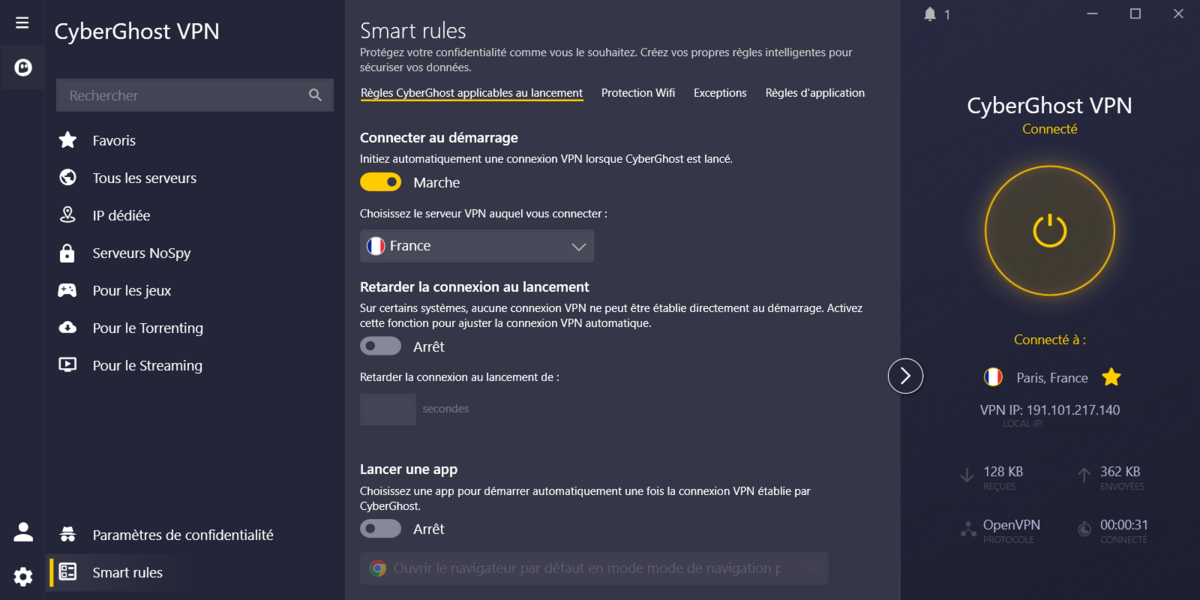CyberGhost - Les paramètres Smart Rules. © Clubic