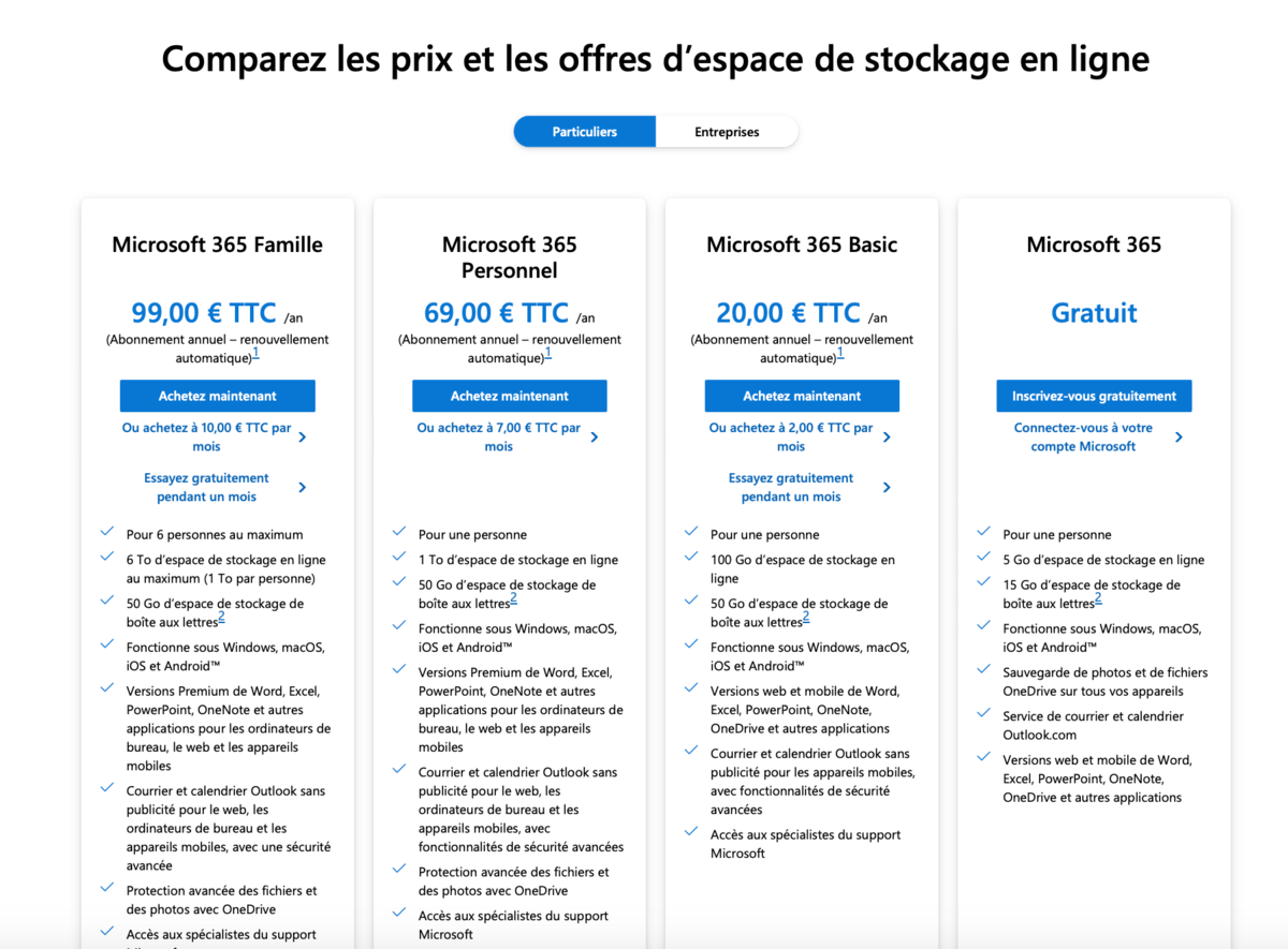 Tarifs OneDrive particuliers - Microsoft 365