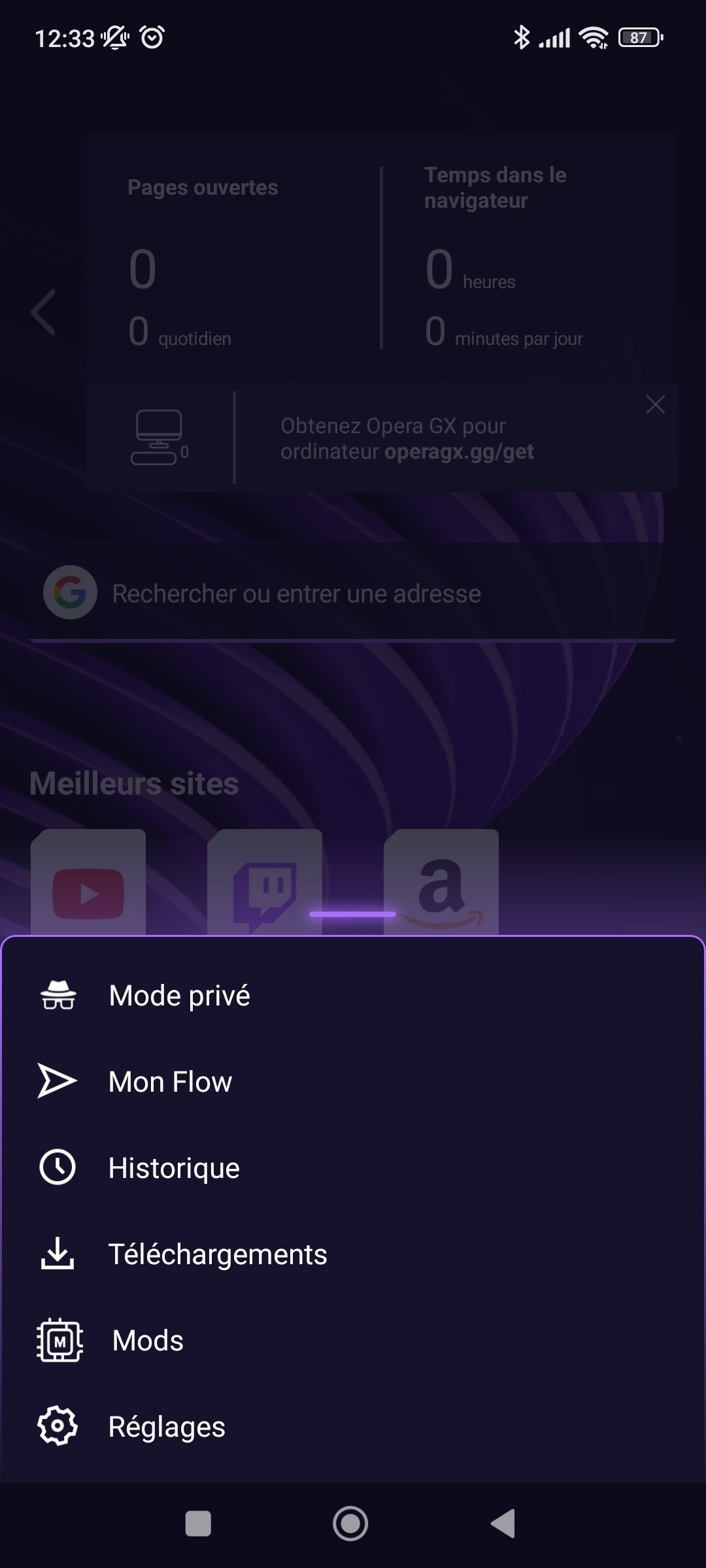 Opera GX mobile options