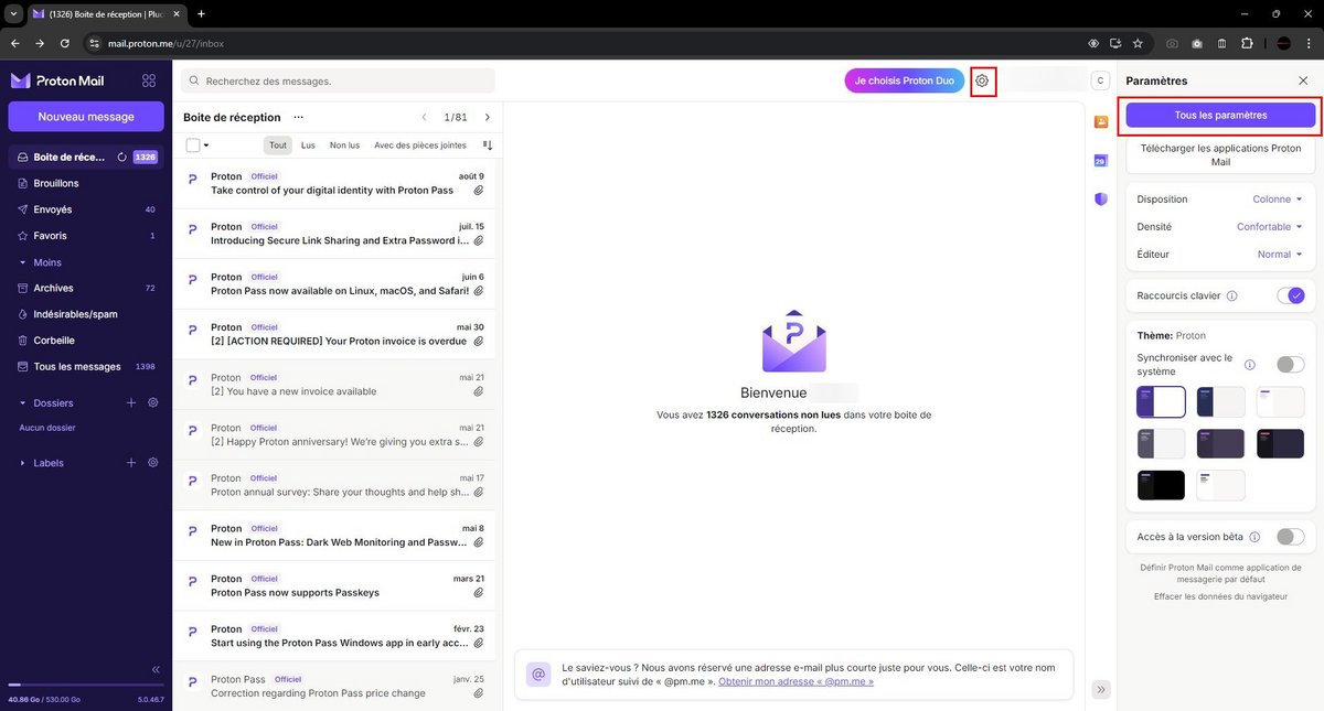 Cliquez sur "Tous les paramètres" pour accéder aux réglages du compte Proton © Clubic
