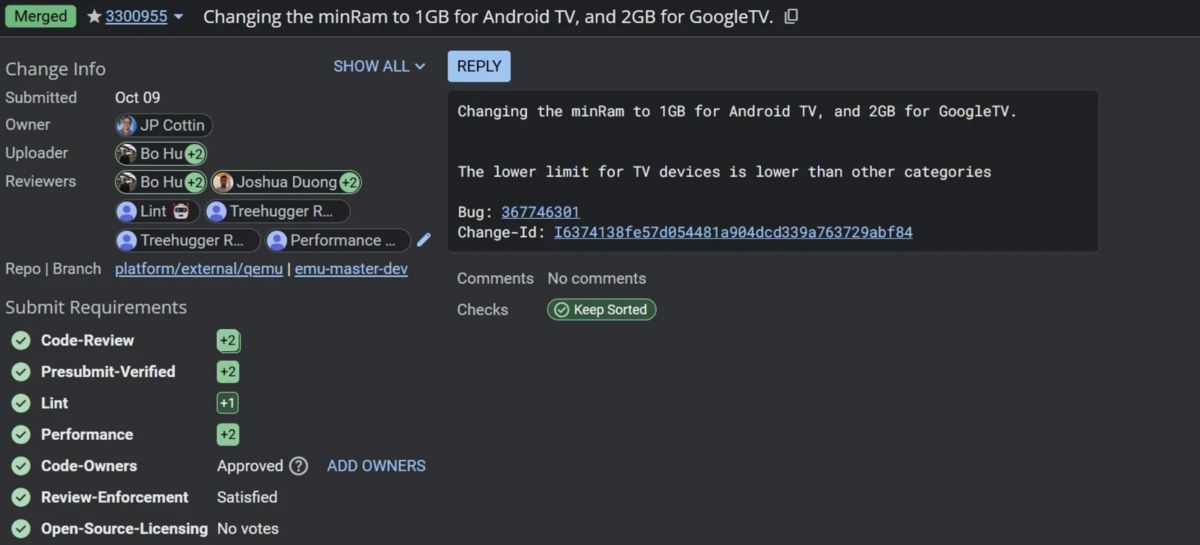 1 Go pour Android TV, 2 Go pour Google TV © Capture d'écran via Android Authority