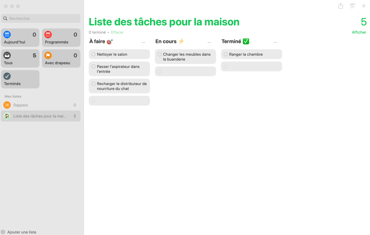 Exemple d'un tableau Kanban réalisé dans Rappels sur macOS