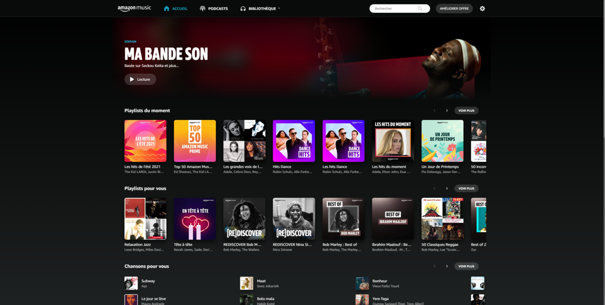 Amazon Music - L'interface principale sur desktop