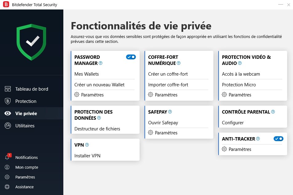 Grâce à un tableau de bord intuitif, Bitdefender Total Security est facile à prendre en main. 