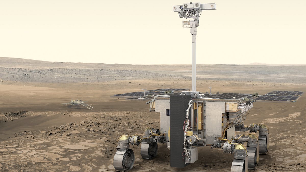 Vue d'artiste du rover européen Rosalind Franklin près de sa plateforme d'atterrissage. Se concrétisera-t-elle un jour ? © ESA