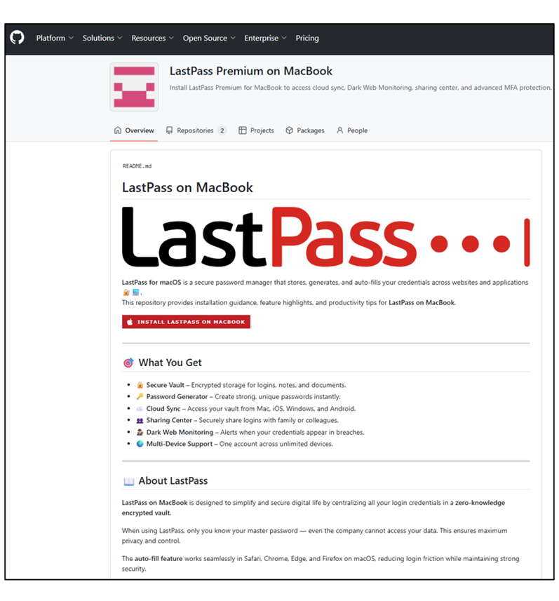 Une fausse page sur GitHub ©Lastpass