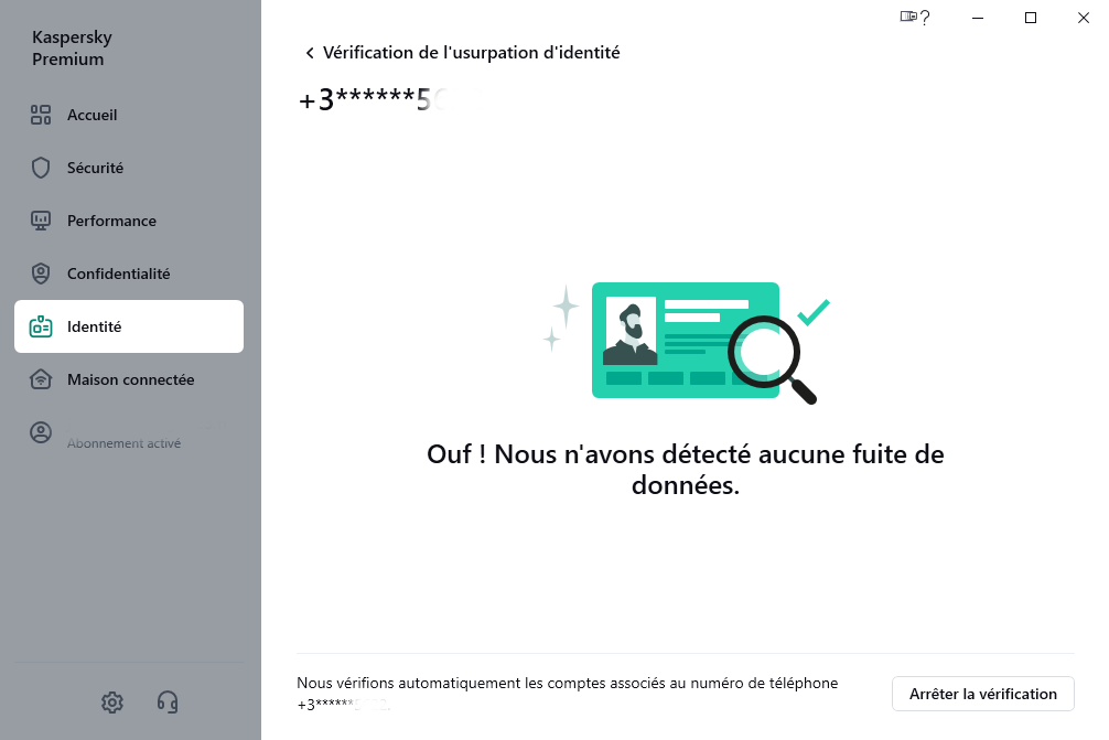Kaspersky Protection de l’identité - La vérification des fuites de données liées à un numéro de téléphone