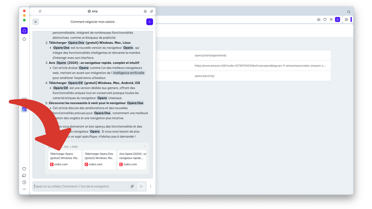 Aria fourni des liens précis vers des articles © Clubic