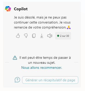 La réponse de Copilot suite à un prompt désormais banni  © Clubic